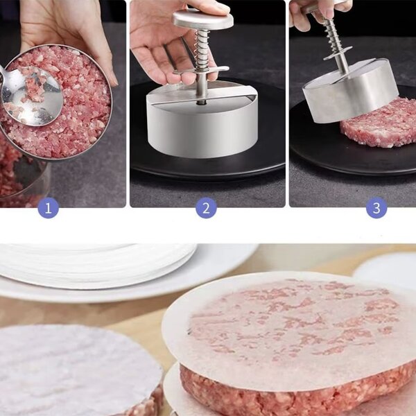 Presa cu maner Pufo pentru hamburger, chiftele, din otel inoxidabil, Ø 10 cm, argintiu