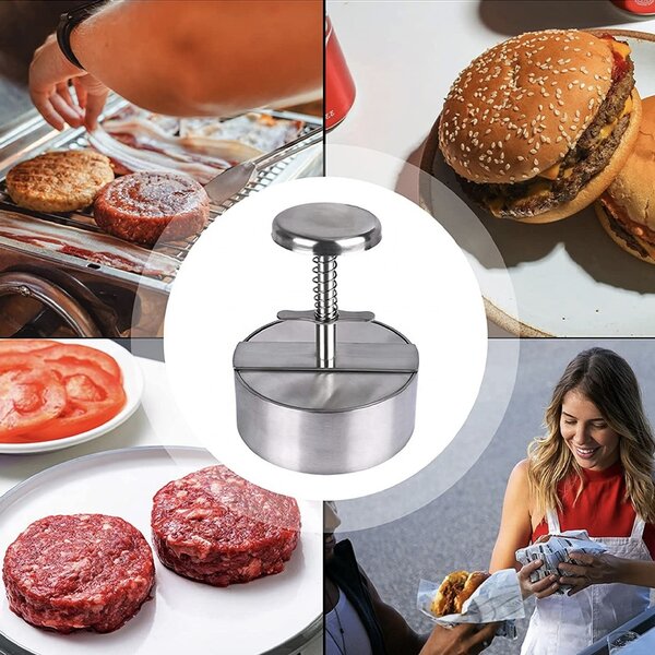 Presa cu maner Pufo pentru hamburger, chiftele, din otel inoxidabil, Ø 10 cm, argintiu