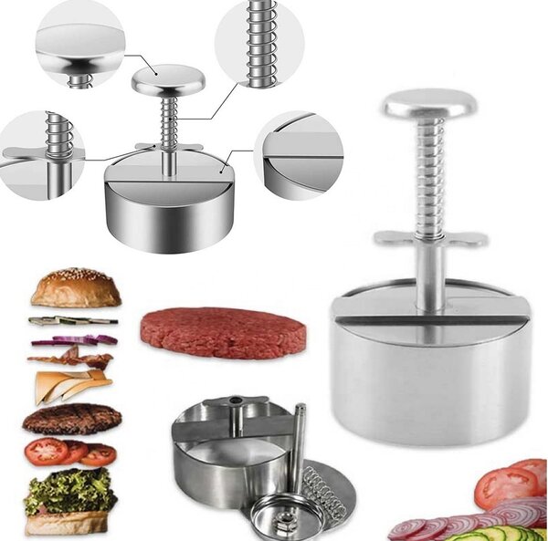 Presa cu maner Pufo pentru hamburger, chiftele, din otel inoxidabil, Ø 10 cm, argintiu