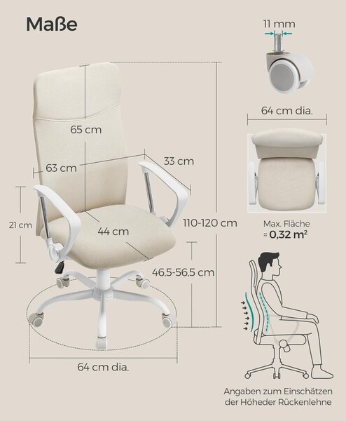 Scaun de birou Songmics crem 59x58x114.7-122.7 cm