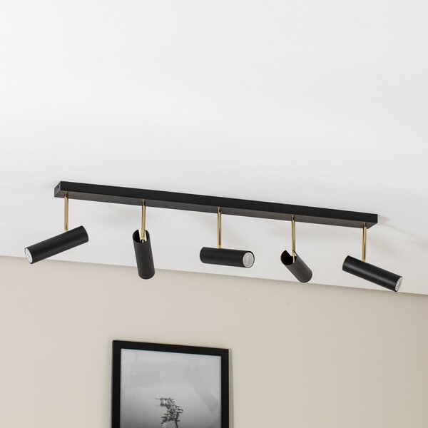 Luminex Axion plafonieră, 5 becuri, negru / auriu, lung, oțel, reglabil, Negru, Camera de zi / sufragerie, Metal