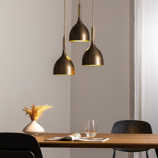Luminex Lampă suspendată Noak 3 becuri, rotundă, titan-auriu/auriu, oțel, reglabil, Metalic, Camera de zi / sufragerie, Metal