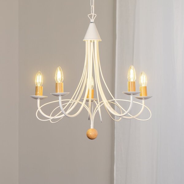 ONLI Candelabru Milvia, 5 becuri, alb/culoarea lemnului, metal, reglabil, Alb, Camera de zi / sufragerie, Metal
