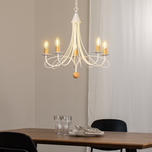 ONLI Candelabru Milvia, 5 becuri, alb/culoarea lemnului, metal, reglabil, Alb, Camera de zi / sufragerie, Metal