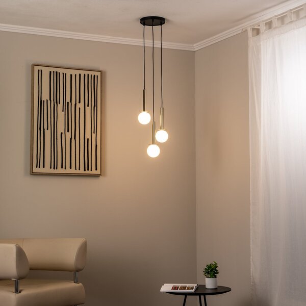 SIGMA Lampă suspendată Daisy, 3 becuri, auriu/alb/negru, sticlă, reglabil, Alb, Camera de zi / sufragerie, Metal, Modern