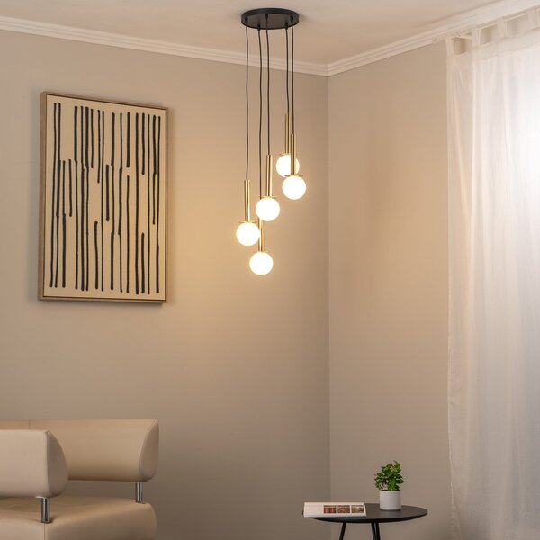 SIGMA Lampă suspendată Daisy, 5 becuri, auriu/alb/negru, sticlă, reglabil, Alb, Camera de zi / sufragerie, Metal, Modern
