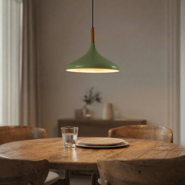 ROYALTECH Lampă suspendată Chris, verde mentă/alb, Ø 35 cm, metal, lemn detaliu, reglabil, Verde, Camera de zi / sufragerie, Metal, Scandinavă