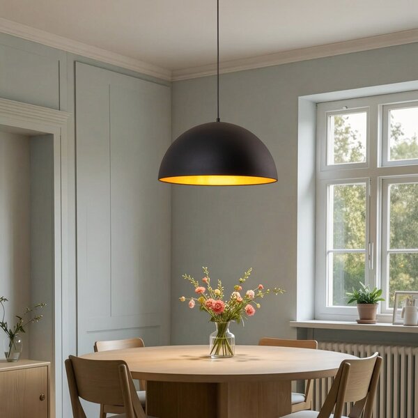 ROYALTECH Lampă suspendată Lipeo, negru/auriu, Ø 50 cm, metal, E27, reglabil, Negru, Camera de zi / sufragerie, Metal