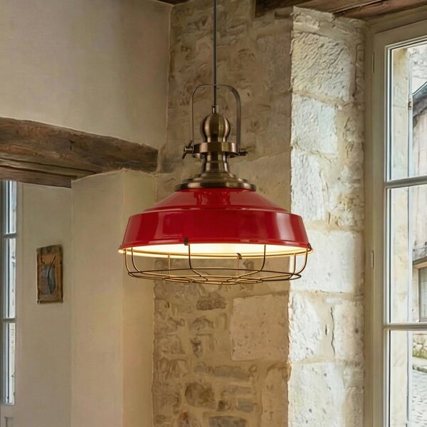 ROYALTECH Lampă suspendată Astel, roșu, Ø 41 cm, metal, detaliu alamă antică, reglabil, Roșu, Camera de zi / sufragerie, Metal, Design industrial