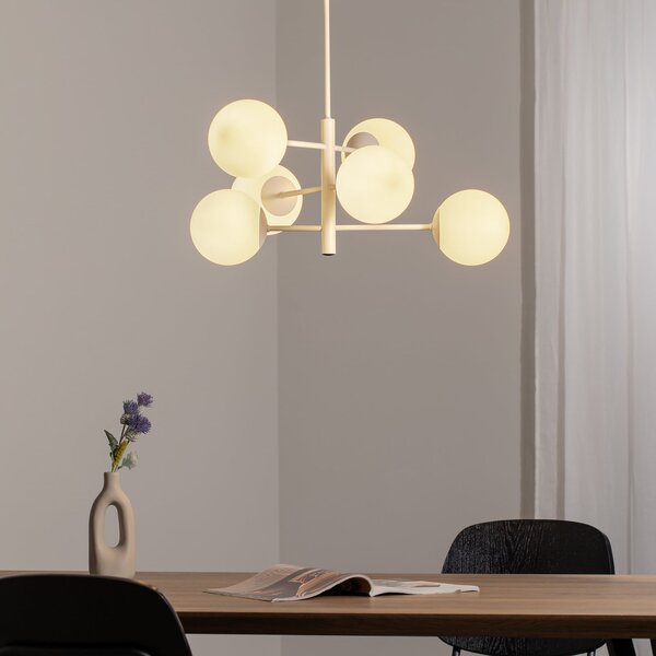 Domiluce Lampă suspendată Aurora, alb, Ø 60 cm, 6 becuri, sticlă, E14, reglabil, Alb, Camera de zi / sufragerie, Sticlă