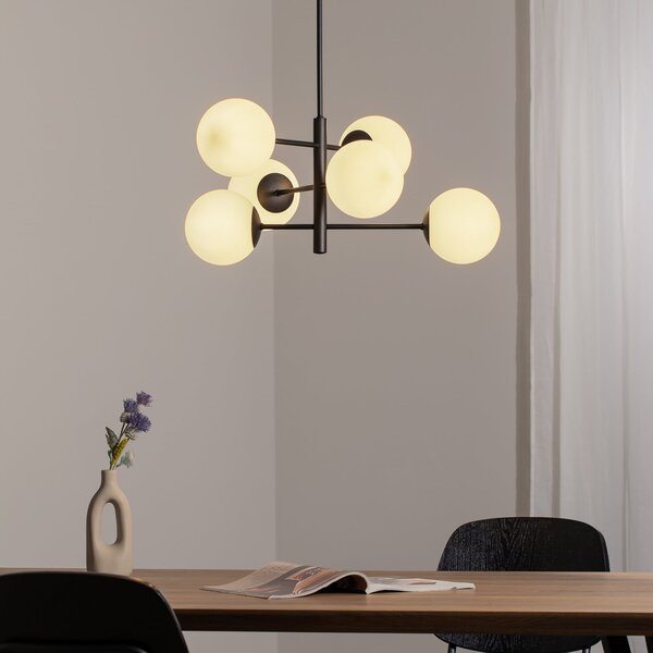 Domiluce Lampă suspendată Aurora, negru, Ø 60 cm, 6 becuri, sticlă, E14, reglabil, Negru, Camera de zi / sufragerie, Sticlă
