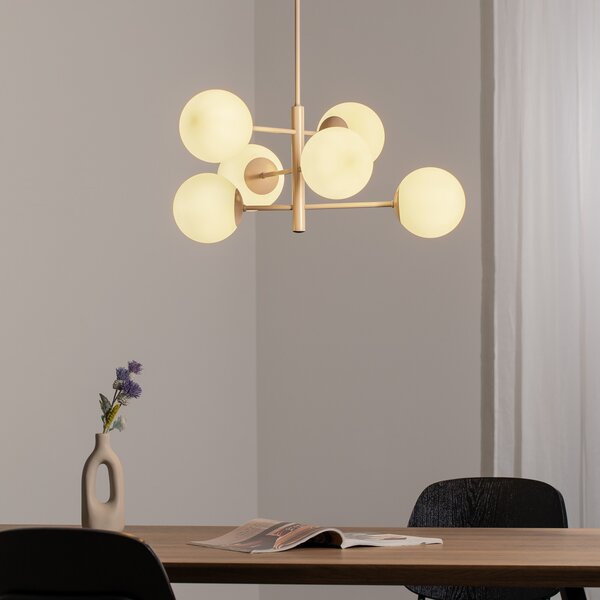 Domiluce Lampă suspendată Aurora, bej, Ø 60 cm, 6 becuri, sticlă, E14, reglabil, Bej, Camera de zi / sufragerie, Sticlă