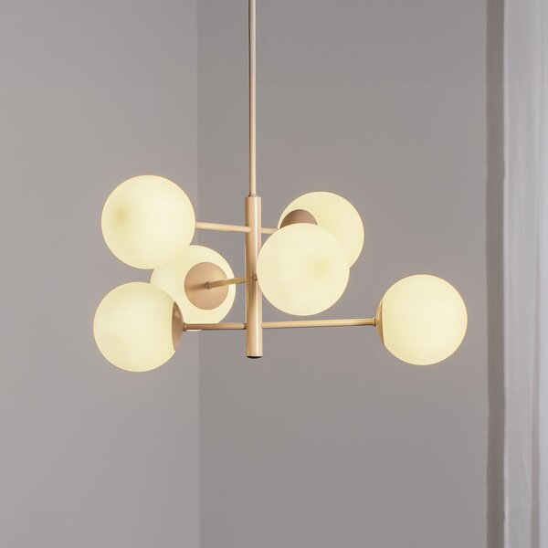 Domiluce Lampă suspendată Aurora, bej, Ø 60 cm, 6 becuri, sticlă, E14, reglabil, Bej, Camera de zi / sufragerie, Sticlă