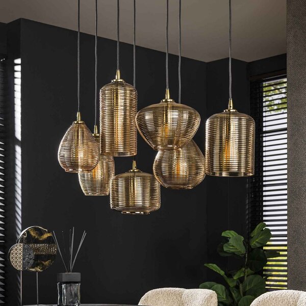 Zijlstra Lampă suspendată Stripeglass mix, 7 becuri, sticlă, chihlimbar, antracit, reglabil, Camera de zi / sufragerie, Sticlă
