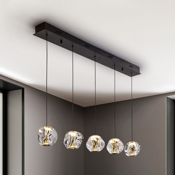Schuller Valencia Lampă suspendată LED Zaria, 5 becuri, negru, transparent, metal, acrilic, reglabil, Transparent, Camera de zi / sufragerie, Plastic