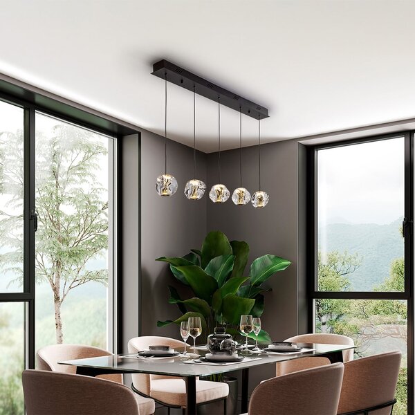 Schuller Valencia Lampă suspendată LED Zaria, 5 becuri, negru, transparent, metal, acrilic, reglabil, Transparent, Camera de zi / sufragerie, Plastic