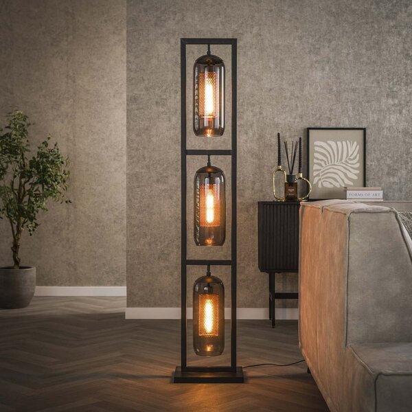 Zijlstra Kamilian lampadar, 3 becuri gri fumuriu, negru, sticlă, metal, Gri, Camera de zi / sufragerie, Sticlă, Modern