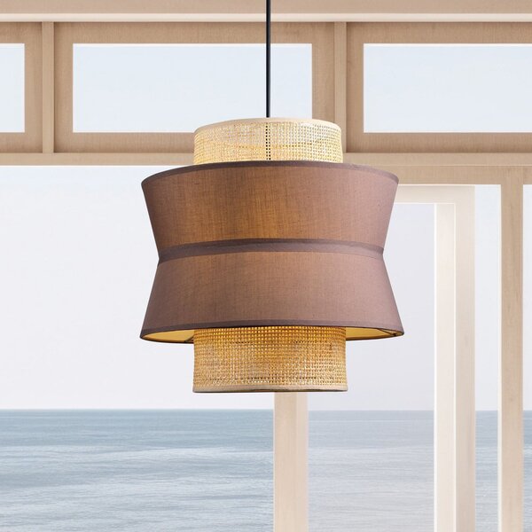Viokef Lampă suspendată Rika Double, Ø 35 cm, gri/culoare naturală, material textil, reglabil, Gri, Camera de zi / sufragerie, Țesătură / Textil