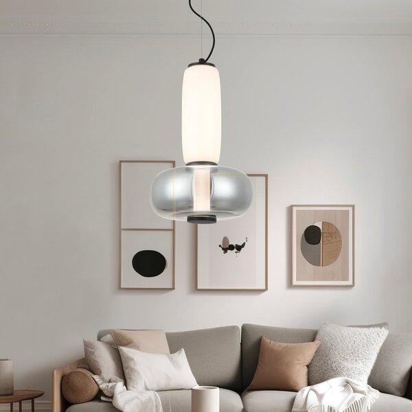 Viokef Lampă suspendată LED Avery, gri fumuriu/alb, Ø 32 cm, sticlă, Gri, Camera de zi / sufragerie, Sticlă, Modern