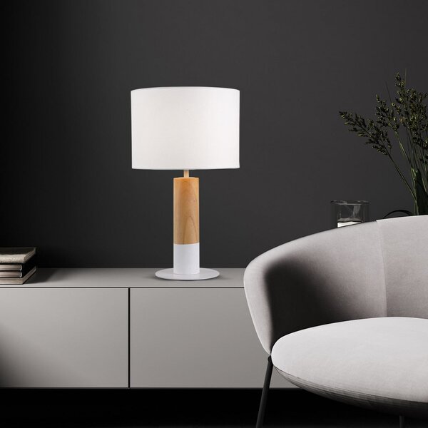 Viokef Lampa de masă Carroll, lemn deschis/alb, înălțime 43 cm, țesătură, Alb, Camera de zi / sufragerie, Țesătură / Textil