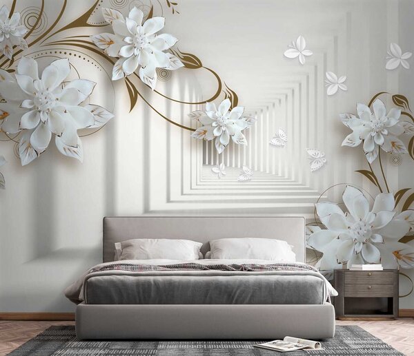 Fototapet Design de flori albe pe un fundal alb, Fototapet 3D, Fototapet populare, u21861 - Tapeko.ro