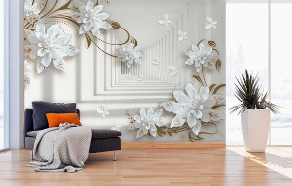 Fototapet Design de flori albe pe un fundal alb, Fototapet 3D, Fototapet populare, u21861 - Tapeko.ro