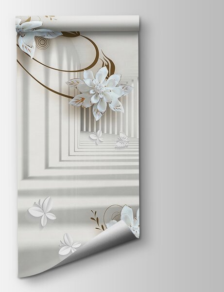 Fototapet Design de flori albe pe un fundal alb, Fototapet 3D, Fototapet populare, u21861 - Tapeko.ro
