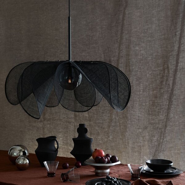 Markslöjd Lampă suspendată Styrka, Ø 75cm, negru/gri fum, fibră de banană, reglabil, Negru, Camera de zi / sufragerie, Țesătură / Textil