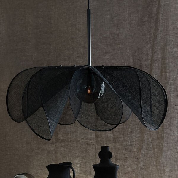 Markslöjd Lampă suspendată Styrka, Ø 75cm, negru/gri fum, fibră de banană, reglabil, Negru, Camera de zi / sufragerie, Țesătură / Textil