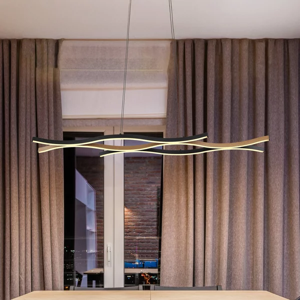 Globo Lampă suspendată LED Geronimo, lungime 108 cm, negru/aspect lemn, Negru, Camera de zi / sufragerie, Aluminiu, Modern