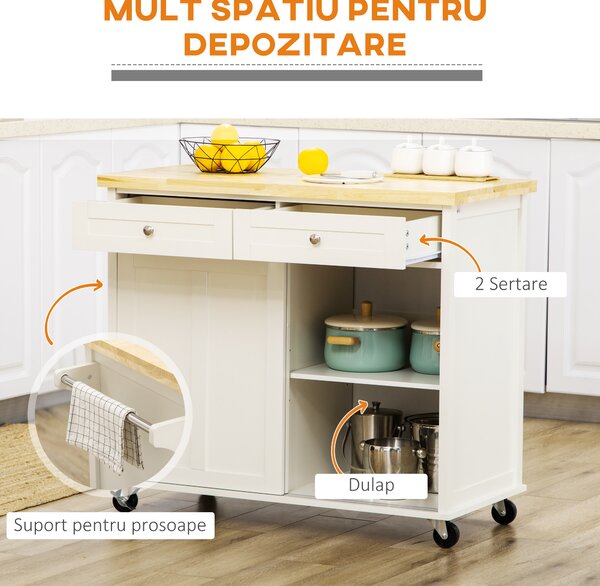 Insula de bucatarie HOMCOM cu sertare, dulap, suport prosoape, lemn si MDF, alb 110x49,5x89,5cm | Aosom Romania