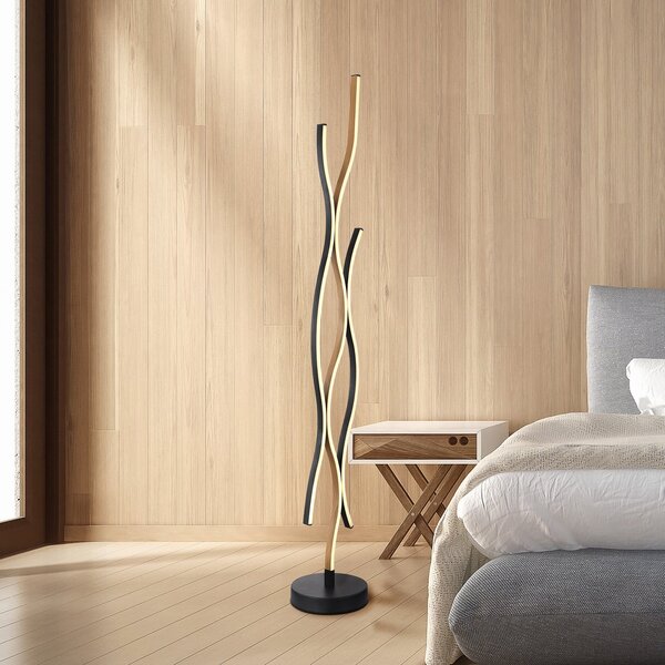 Globo Lampadar LED Geronimo, înălțime 135 cm, negru/aspect lemn, Negru, Camera de zi / sufragerie, Aluminiu, Modern
