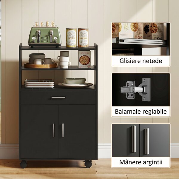 HOMCOM Dulap pentru Cuptorul cu Microunde cu Roți, Bufet de Bucătărie cu Sertar, Blat pentru Aparate, Dulap cu 2 Uși, Raft Retractabil și Raft Deschis, Cărucior de Bucătărie pentru Sufragerie, 59x40x92cm, Negru | Aosom Romania