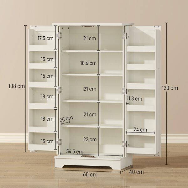 HOMCOM Dulap de Bucătărie Tip Cămară, Rustic, cu 12 Rafturi pentru Condimente, Rafturi Reglabile, 2 Uși, pentru Sufragerie și Living, 60x40x120 cm, Crem | Aosom Romania