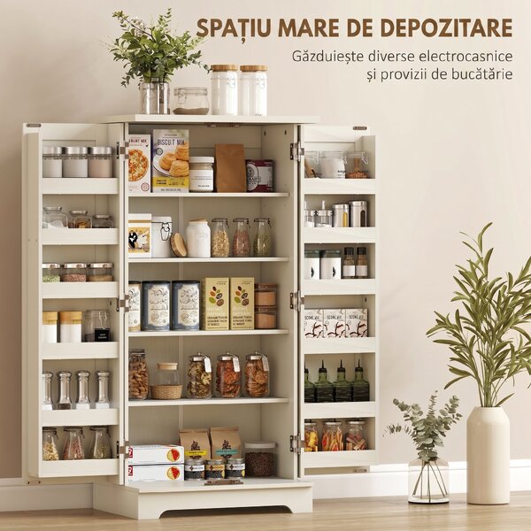 HOMCOM Dulap de Bucătărie Tip Cămară, Rustic, cu 12 Rafturi pentru Condimente, Rafturi Reglabile, 2 Uși, pentru Sufragerie și Living, 60x40x120 cm, Crem | Aosom Romania