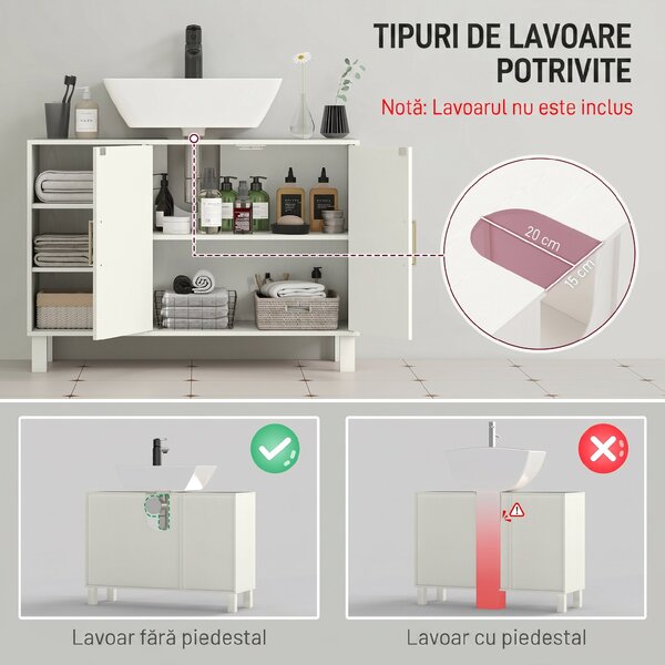 HOMCOM Dulap pentru Lavoar Baie cu 2 Uși, Rafturi Deschise, Rafturi Reglabile, pentru Lavoare fără Piedestal, 90x30x63 cm, Crem | Aosom Romania