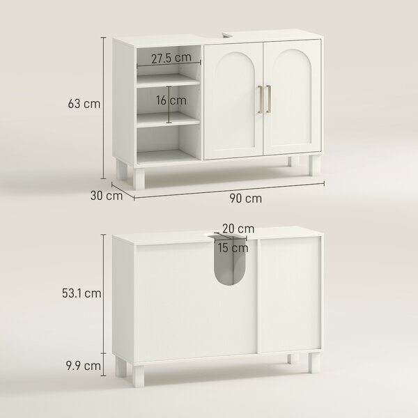 HOMCOM Dulap pentru Lavoar Baie cu 2 Uși, Rafturi Deschise, Rafturi Reglabile, pentru Lavoare fără Piedestal, 90x30x63 cm, Crem | Aosom Romania
