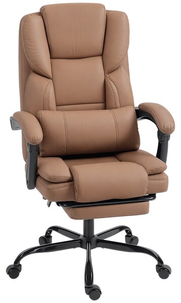 Scaun de birou ergonomic HOMCOM reclinabil 140° cu reposapiede și pernă, scaun de birou din piele ecologică anti-zgârieturi, ușor de curățat, brațe îmbunătățite, pivotant și reglabil pe înălțime, maro | Aosom Romania