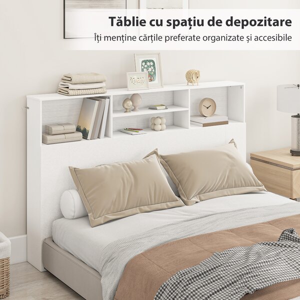 HOMCOM Tăblie de Pat Autoportantă 160 cm cu Compartimente, Tăblie pentru Pat Dublu cu 4 Spații Deschise, 160 x 20,2 x 108,2 cm, Alb | Aosom Romania