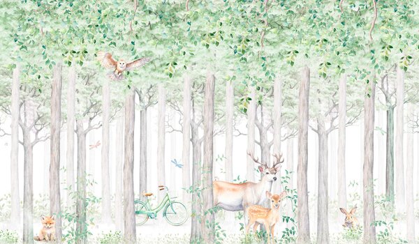 Fototapet O pictură de animale într-o pădure, Fototapet pădure, Fototapet populare, u97629v2 - Tapeko.ro