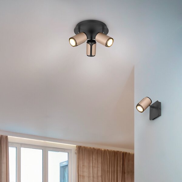 Trio Lighting Spot de tavan Gillan, cafea, 3 becuri, rotund, metal, GU10, reglabil, Maro / Rugină, Camera de zi / sufragerie, Metal, Modern