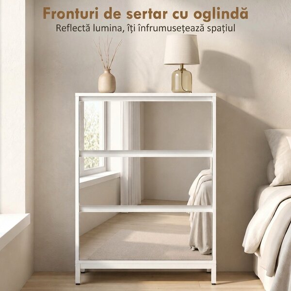 HOMCOM Comodă cu 3 Sertare și Fronturi Oglindă, Design Modern pentru Dormitor sau Hol, 60x35x80 cm, Albă | Aosom Romania