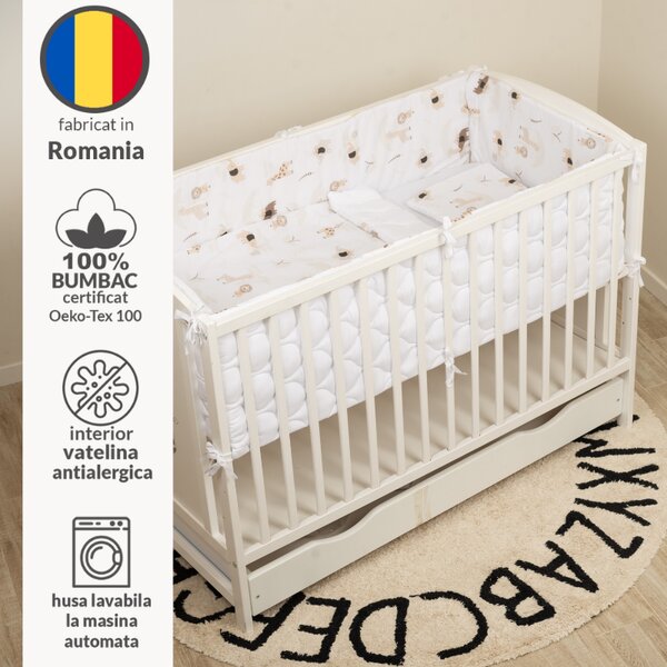 Lenjerie matlasata 5 piese patut bebe 120x60 cm Kidizi Safari Beige cu doua fete, aparatoare laterale integrale, umplutura antialergica