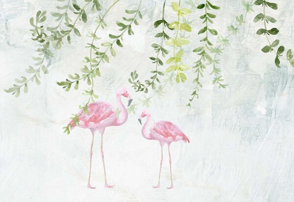 Fototapet Două flamingo roz cu frunze verzi, Fototapet animale, Fototapet populare, u19802 - Tapeko.ro