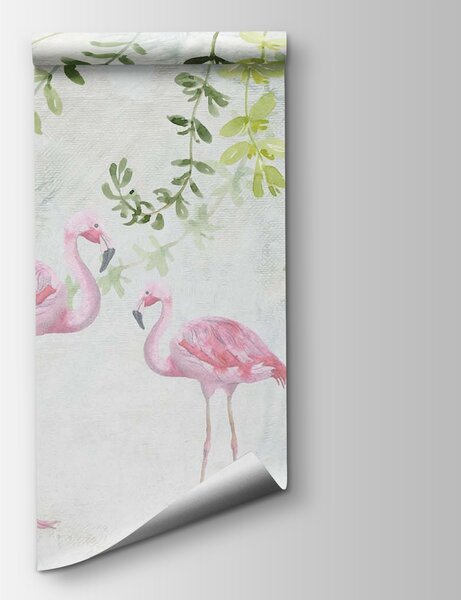 Fototapet Două flamingo roz cu frunze verzi, Fototapet animale, Fototapet populare, u19802 - Tapeko.ro