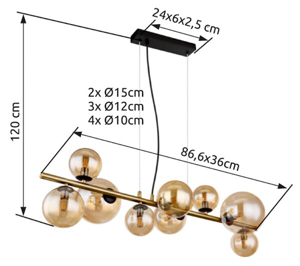 Globo Lampă suspendată Riha, lungime 86 cm, culoare alamă, chihlimbar, 9 becuri., Auriu / Alamă, Camera de zi / sufragerie, Sticlă