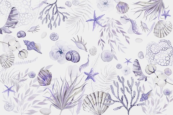 Fototapet O acuarelă creaturi de mare, Fototapet natură, Fototapet populare, w00851v4 - Tapeko.ro