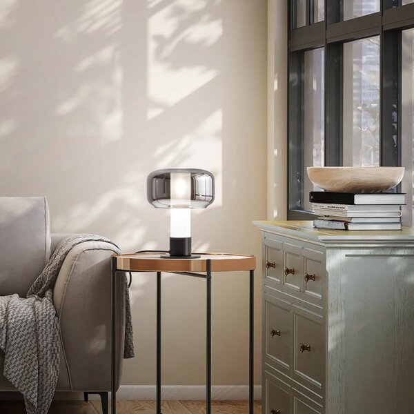 Fabas Luce Lampa de masă Flick, gri fumuriu, sticlă, 28 cm, dimabilă, E14, reglabil, Gri, Camera de zi / sufragerie, Sticlă, Modern
