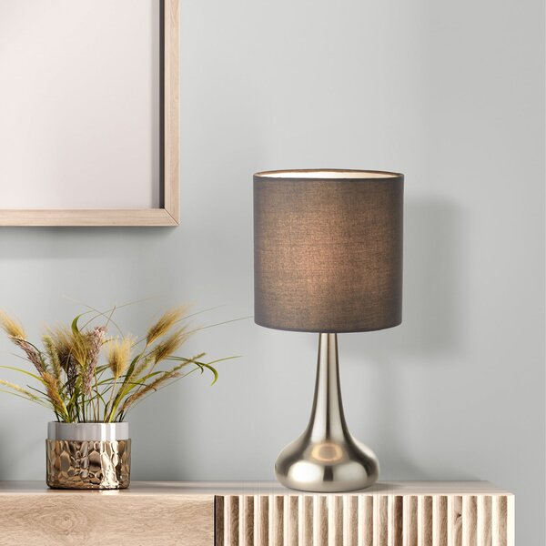Searchlight Lampa de masă Neraiah, gri/argintiu, textil, 34 cm, dimabilă, Gri, Camera de zi / sufragerie, Țesătură / Textil, Modern
