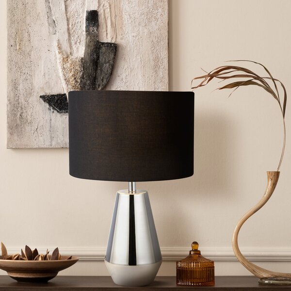 Searchlight Lampa de masă Laynie, gri/negru, metal/textil, 24 cm, E14, Metalic, Camera de zi / sufragerie, Țesătură / Textil, Modern